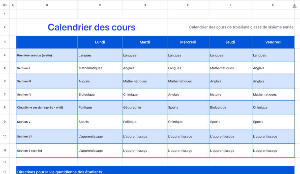Tableau des cours 3